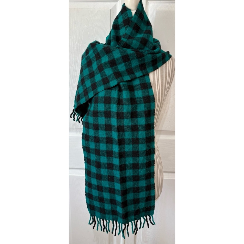 Vintage GAP 100% Lambswool Teal/Black Plaid Scarf Made in Italy